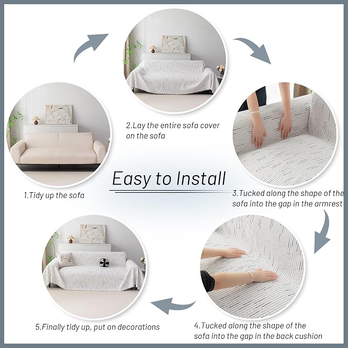 MYSKY HOME Boho Couch Cover White Sofa Covers with Tassel Farmhouse Sofa Slipcover Simple Couch Protector for Dogs Chenille Sectional Couch Covers L Shaped Couch Cushion Covers, 71"x 134"