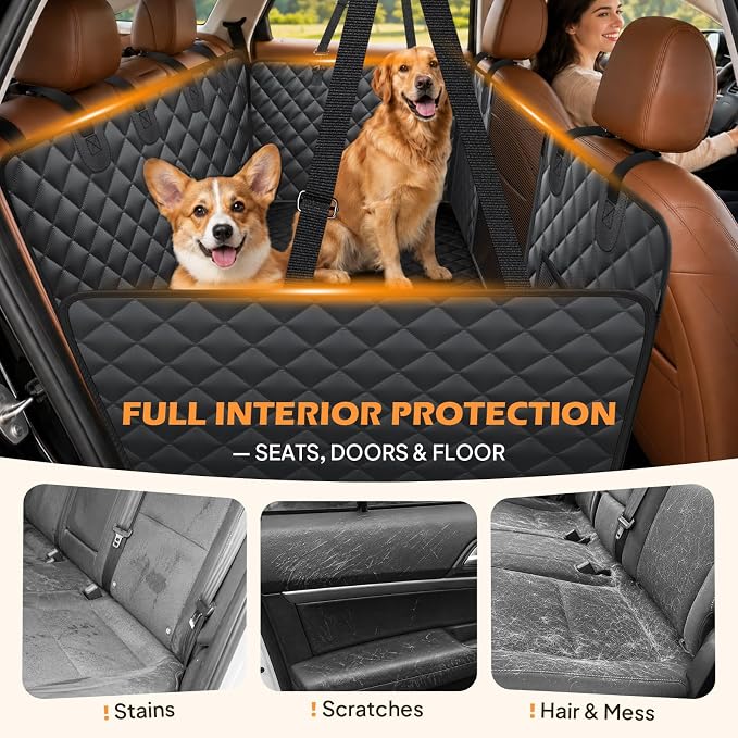 Waterproof Hard Bottom Back Seat Extender for Dogs XL, Truck SUV Cover | Honeycomb board, Waterproof, Non-slip dog hammock for car SUV, Fits most cars, Dog seat belt, Mesh window & 2 storage pockets