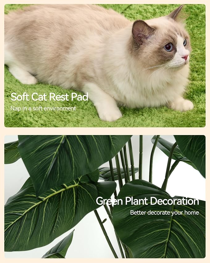 FourFurPets Large Cat Tree with Leaves, 72.8-Inch Cat Tower for Indoor Cats, Modern Cat Tree with Scratching Post, Large Perch, Tunnels, Swing Ball, Self Groomer, Greige