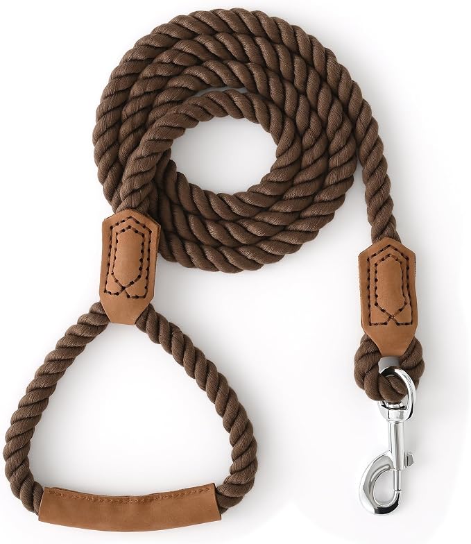 Mile High Life Dog Leash Braided Cotton Rope w/Leather-Wrapped Ends/Handle | Rust-proof 360° swivel clasp, Heavy-duty for medium/large breeds. Great for weddings, daily walks (4 FT, 1/2", Camel)