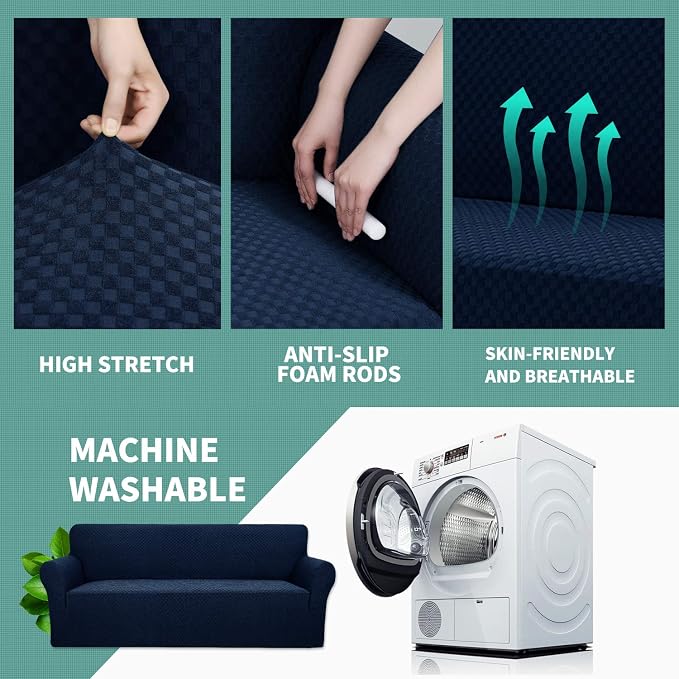 YEMYHOM Couch Cover Latest Jacquard Design High Stretch Sofa Covers for 2 Cushion Couch, Pet Dog Cat Proof Loveseat Slipcover Non Slip Magic Elastic Furniture Protector (Loveseat, Navy)