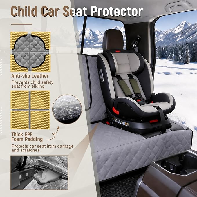 Pet Bench Seat Covers for Trucks, Heavy Duty Nonslip Car Seat Protector with ISOFIX Openings for 1-2 Child Car Seats,Fits Ford 150,Ram 1500,GMC Sierra,Toyota,Ram,Chevrolet Silverado(Grey)