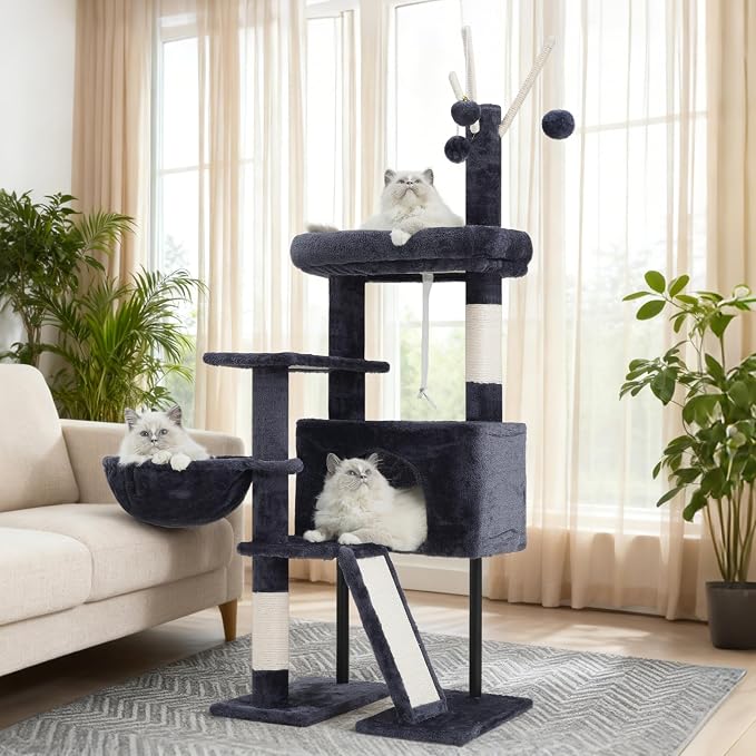 Gitelsnour Cat Tree Tower for Indoor Cats, Top Platform with Toy, GCT006SG | 49.2 inch Cat Condo House, Sturdy Base, Scratching Post & Board, 3 Balls, Hanging Basket, Small Cats and Kittens, Drak Gray