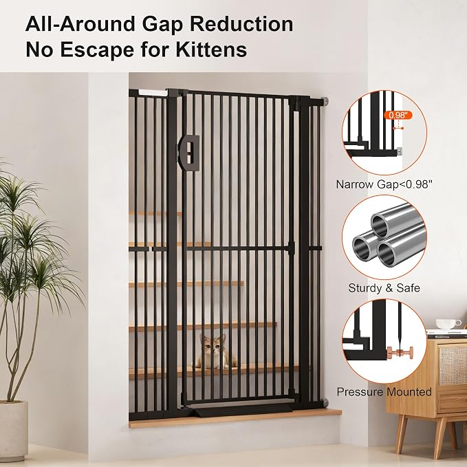 Jekriuet 57" Extra Tall Pet Gate, 27.5"-38.5" Wide, Black | Dog Cat Gate for Doorways Hallways Stairs,Pressure Mounted 1.18" Ultra Narrow Gap No Drilling One-Handed Auto-Close