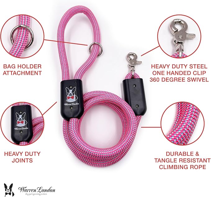 Warren London Climbing Rope Dog Leash – 5 ft Tough-Love Rope Lead w/Soft Grip & Locking Clip | Hot-Pink Statement Leash for Stylish Dogs & Puppy Training