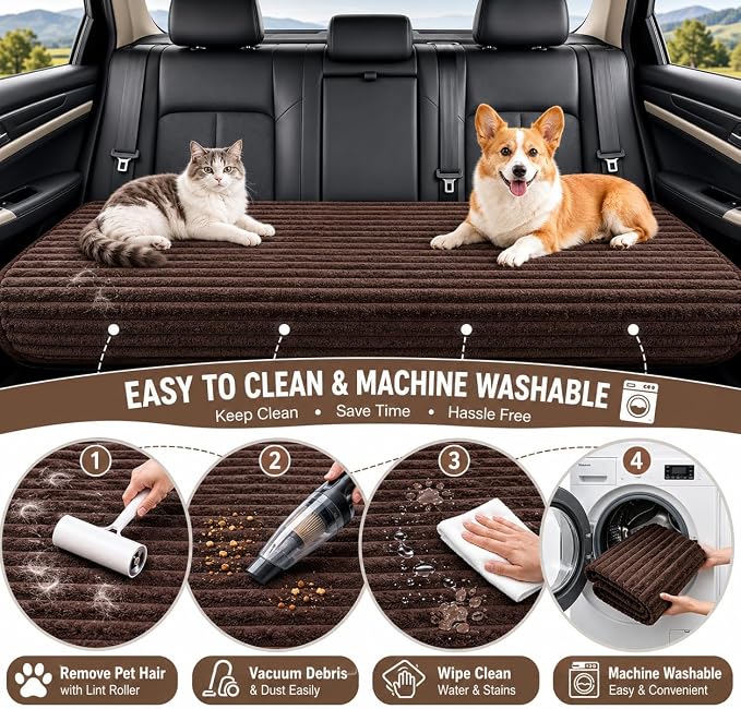 Dog Car Back Seat Bed Waterproof Non Slip Washable Pet Cover | Ultra-soft plush flannel pad soothes pet joint discomfort Vacuum compressed, heavy duty tear-resistant fabric(Brown)