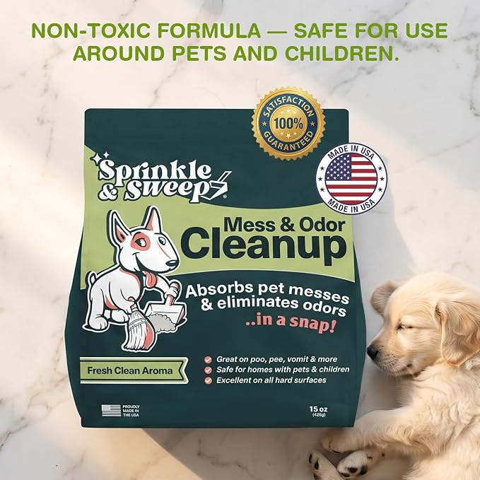 Sprinkle & Sweep: Pet Mess & Odor Cleanup Bundle - 15oz Bag, Dustpan Broom, 24oz Enzyme Stain Spray - Dog Accident Clumping Powder & Spot Treatment