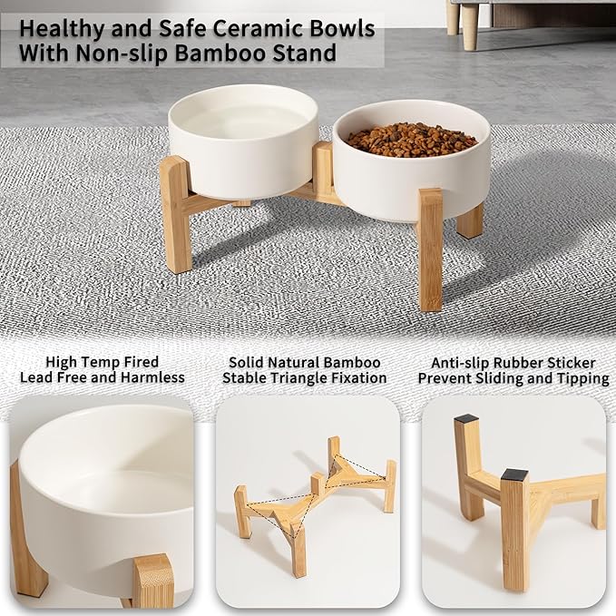 Elevated Ceramic Dog Bowl, 3.6 Cups Dog Food and Water Bowl Set with Stand | 6.1'' Double Dog Feeding Dishes, Non-Slip Raised Dog Feeder for Small and Medium Breeds, 28.74 OZ / 850 ML, White