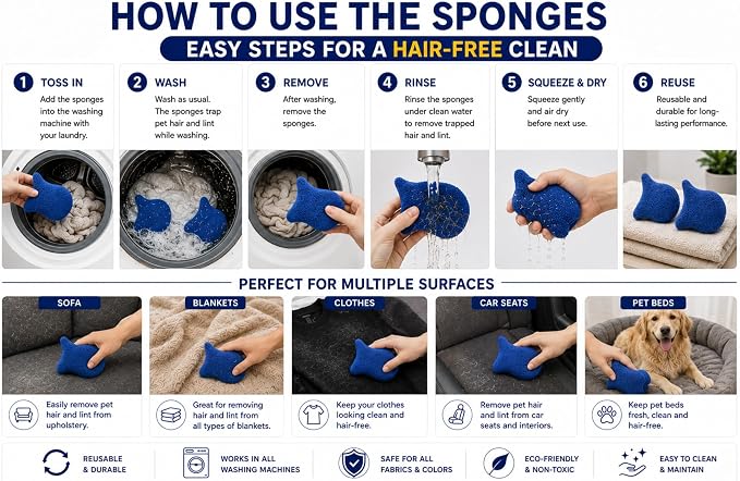 Pet Hair Remover for Laundry, 6 Reusable Laundry Sponges + Tearable Lint Roller, Pet Hair Remover for Clothes, Bedding, Furniture, Sofa, Car Seats, Dog & Cat Hair Remover