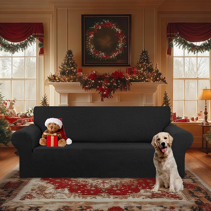 Stretch Oversized Couch Covers for Sofa Slipcover,Black | 1-Piece Washable Sofa Cover (94"-110") 4-Seater Furniture Protector, Soft Jacquard Non-Slip Elastic Bottom for Dogs & Kids