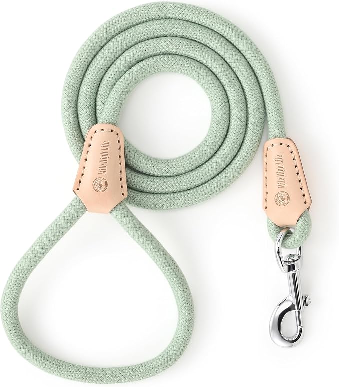 Mile High Life Green Dog Leash with Genuine Leather Connection, 4/5/6 FT | Rope Leash, Heavy Duty 360° Swivel Metal Clasp, for Small Medium & Large Dogs (Cream Green, 48 Inch)