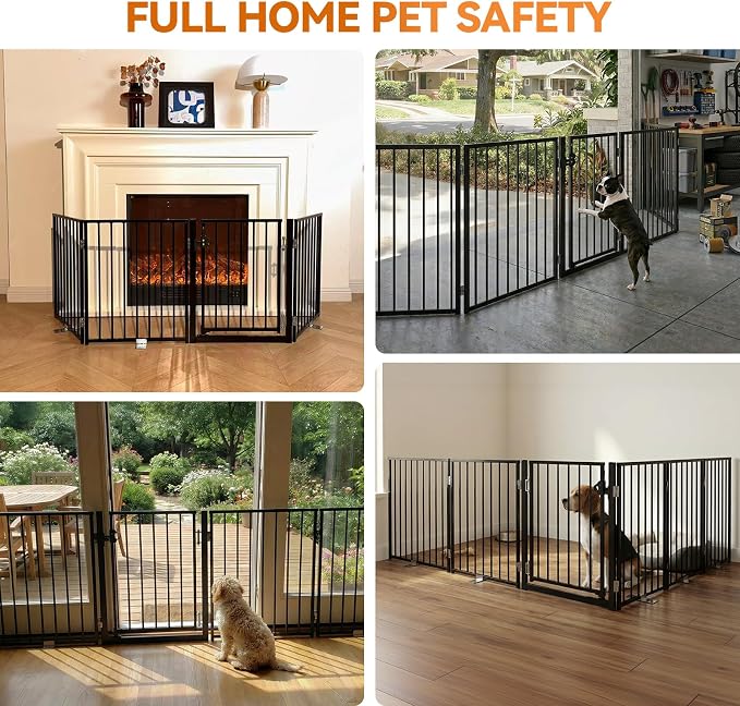 BFNN Chewproof Steel Dog Gate Indoor, 120" Extra Wide Freestanding Fence | Flexible Space Control | With Walk-Thru Door | 24" Tall Heavy Duty Barrier | Foldable | No Drill | For Small & Medium Puppy