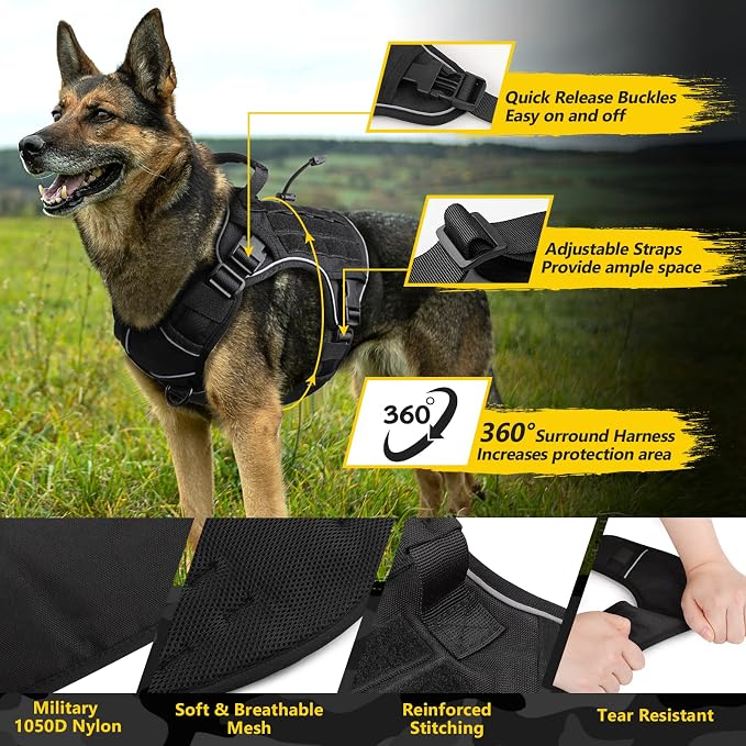 WINGOIN Black Tactical Dog Harness for Large Dogs, Heavy Duty No Pull Dog Harness with Handle, Adjustable Reflective Military K9 German Shepherd Big Size Dog Vest for Walking, Training, Hunting (L) | Heavy Duty with Handle,Adjustable Reflective,Militar...