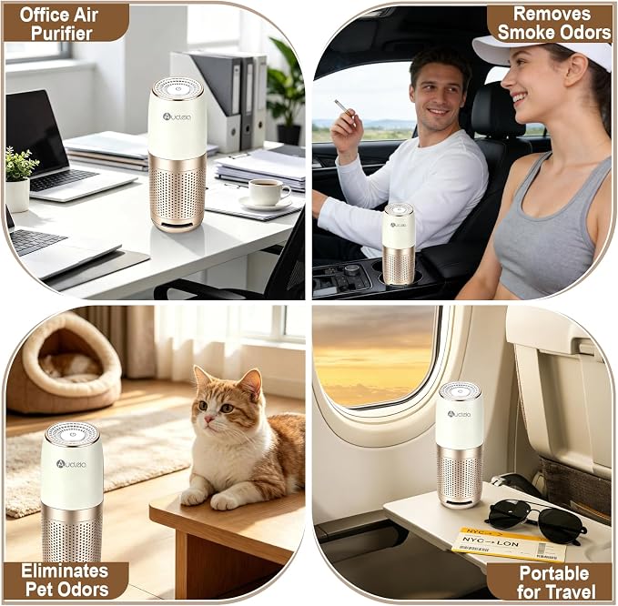Aucleia Mini Portable Air Purifier for Car Office Travel, Champagne | Compact Air Purifier With Aromatherapy Function, Usb Powered Mini Usb Air Purifier Removes Pet Odor, Smoke, Dust And Pollen