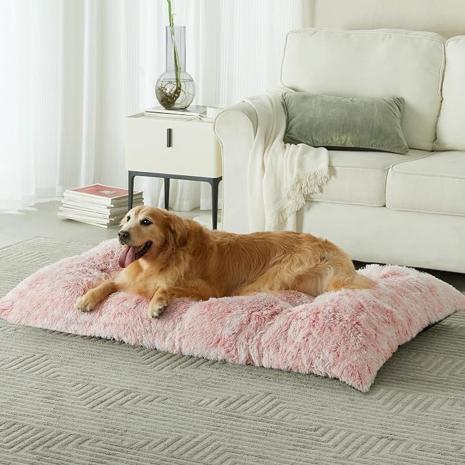BFPETHOME Dog Beds for Large Dogs, Plush Dog Crate Bed Fluffy Cozy Kennel Pad for Sleeping &Ease Anxiety, Washable Pet Mats with Anti-Slip Bottom for Large Dogs, Pink