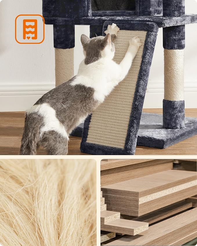 Feandrea Cat Tree, 45.3-Inch Cat Tower, Plush Condo Scratching Post, Gray | 45.3-Inch Cat Tower, Plush Condo with Scratching Post, Ramp, Perch, Spacious Cave, Smoky Gray