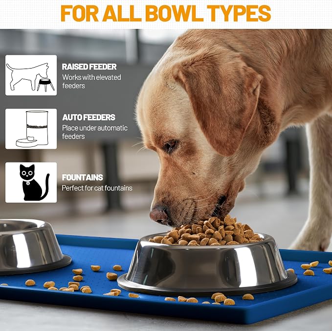Hubulk Dog Feeding Mat,100% Waterproof Food Grade Silicone Pet Food and Water Bowl Placemat,Dishwasher, High Raised Edge to Prevent Spills,Nonslip Tray to Stop Messes on Floor（28"x18"x0.8", Navy）