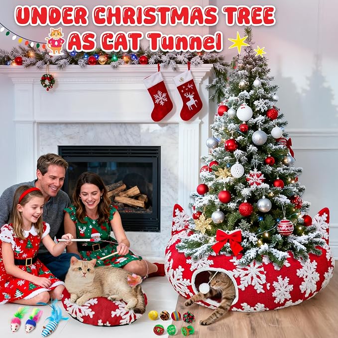 OurWarm Cat Tunnel Christmas Tree Skirt, Red Snowflake Cat Donut Tunnel Under Christmas Tree with Washable Mat & 11Pcs Cat Toys Interactive, Soft Plush Peekaboo Cave Bed for Indoor Cats Small Animals
