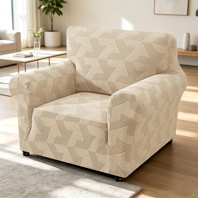 ZNSAYOTX Stretch Armchair Covers for, 1-Piece Chair Slipcovers for Living Room, Furniture Protector with Elastic Bottom for Dogs Cats Kids Geometrical Jacquard Fabric (Small, Khaki)