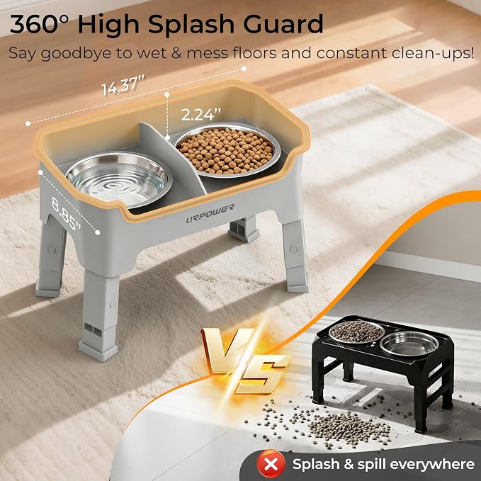 URPOWER Mess Proof Elevated Dog Bowls for Small Dogs with Splash Guard | 4 Height Adjustable Raised Stand with 2 Stainless Steel Food Bowls & Licking Plate for Small, Medium & Large Dogs