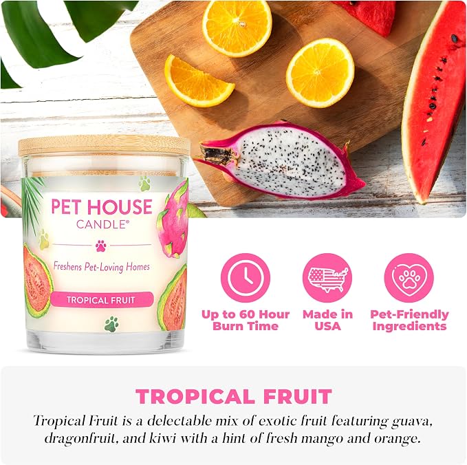 Pet House Candles, Clean Burning, Long Lasting Pet Odor Candles, Plant-Based, 60 Hour Burn Time - Tropical Fruit, 9 oz