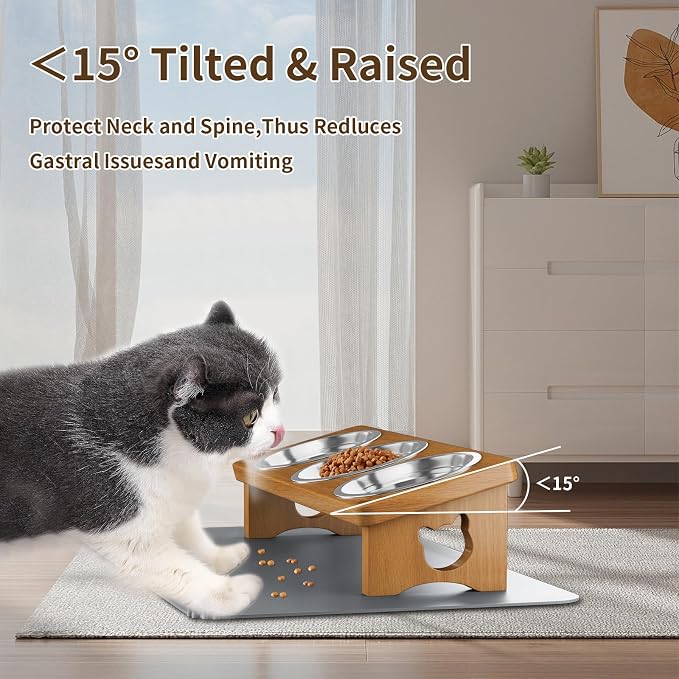 Elevated Cat Bowls with 3 Stainless Steel Bowls | 15° Tilted Anti-Vomiting Raised Cat Food Bowl with Solid Wood Stand and Silicone Pad for Cats and Small Pets Bowl(Warm Chestnut)