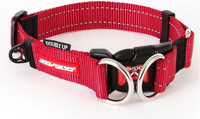 EzyDog Double Up Dog Collar, Strong Double D-Rings - Small, Red | Dual D-Rings for Superior Strength, Safety, and Comfort, Soft Touch Nylon Webbing, Reflective Stitching, Id Attachement Point