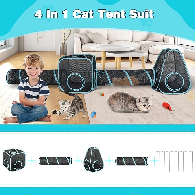 Outdoor Cat Enclosure, 9.45 ft Pop-Up Cat Tent with Tunnel Kit | 4-Piece Kit with 2 Tunnels, 33.86 x 11.81 in Tubes, Breathable Mesh, Pop-Up Setup, Storage Bag, DIY Layouts, Cats
