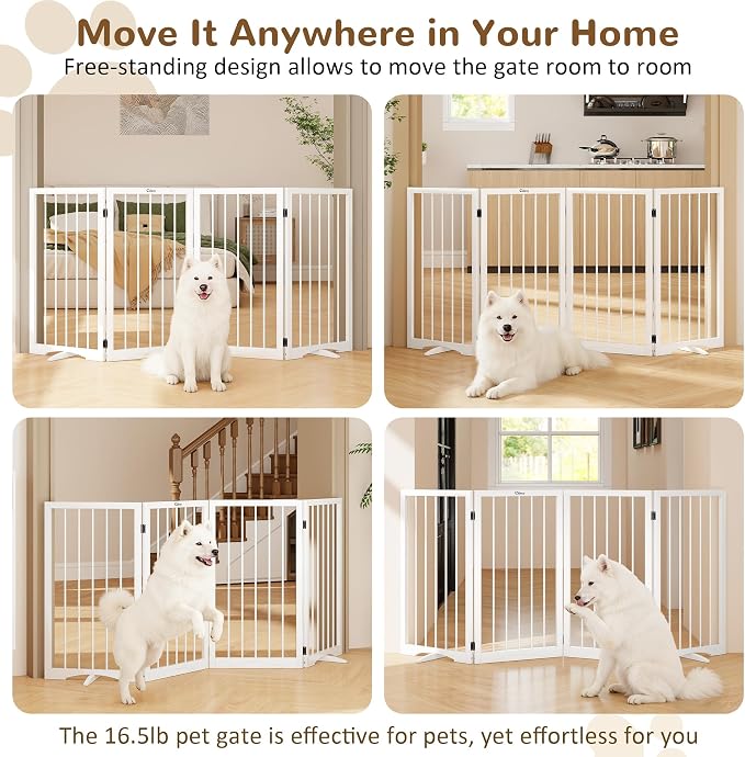 32" Extra Tall Free Standing Dog Gate Indoor, Foldable Pet Gate | for Doorways Stairs, 4-Panel Dog Fence with Support Feet for Stability, Folding Puppy Gate Easy to Carry No Drilling 72"x32"