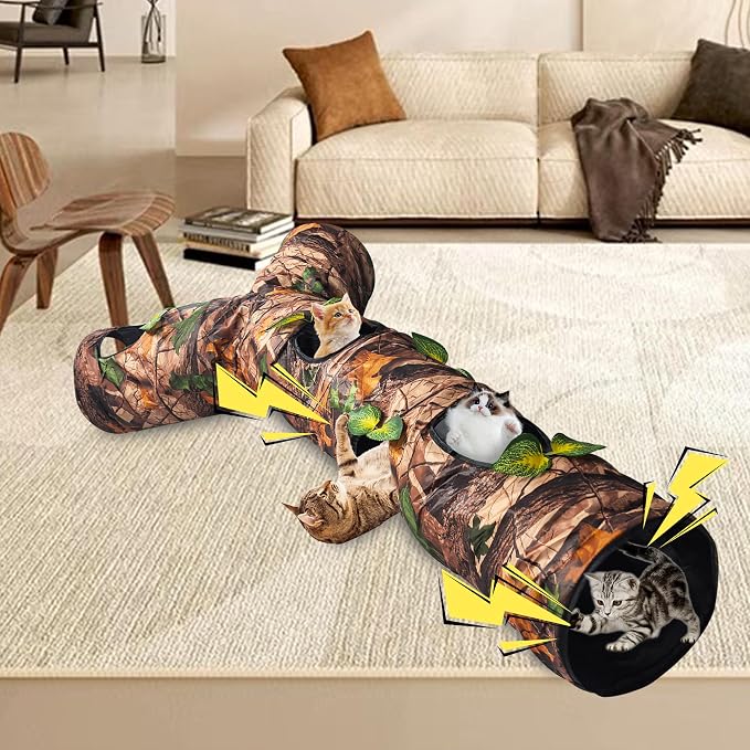 Cat Tunnels for Indoor Cats Large, 3 Way Cat Tunnel with 5 Holes and Leaves, Cat Tunnel Toy with Loud Paper - Pop Up Collapsible - Connect More Tunnels for Large Cat, Puppy, Kitten