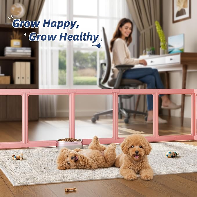 Clear Acrylic Dog Playpen Indoor, Puppy Cat Small Pet Play Pen, Pet Cat Playpen for Rabbits, Dog Fence Crate Kennel Whelping Cage (Pink, 10 Panel)
