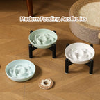 Elevated Slow Feeder Cat Bowl - Melamine Cat Food Plate with Anti-Slip Metal Stand - Raised Maze Dish for Slow Eating - Ivory White