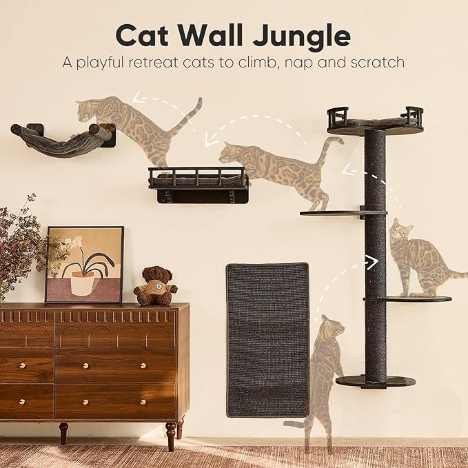 FUKUMARU Cat Wall Shelves, 4 in 1 Set, Black | Stable Wooden Wall-Mounted Furniture Set, Climbing Tree with Hammock, Bed, Perch and Scratching Mat