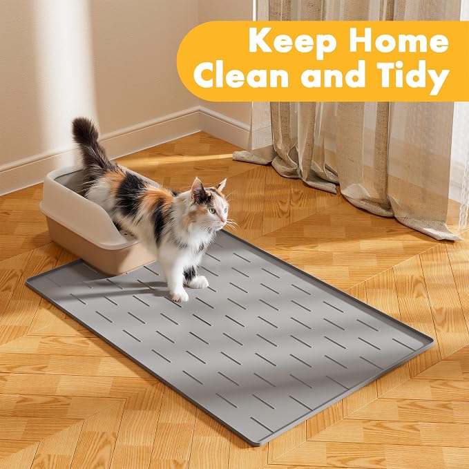 Pieviev Extra Large Silicone Litter Box Mat, Easy to Clean, 40'' x 28'' | Extra-Large Coverage Area Litter Mat, Soft on Kitty Paws, Grooves Reduce Waste, Raised Edges Trap Urine and Spills.