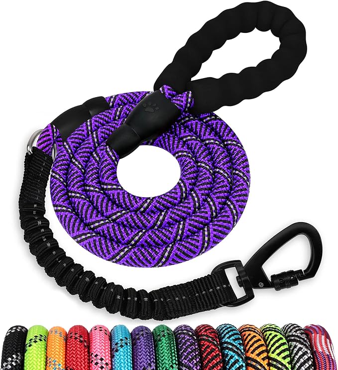 Rope Dog Leash 5 FT: Heavy Duty Leashes with Swivel Lockable Hook Reflective Threads Bungee and Padded Handle - Dog Lead for Large Small Medium Dogs Outside Walking Hiking Purple