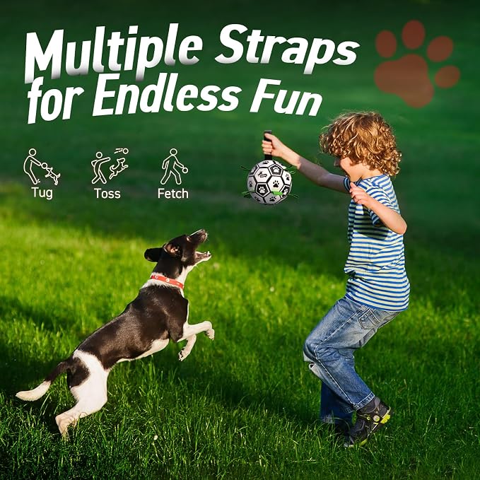 QDAN Dog Toys Dog Balls, 6 Inch Dog Soccer Ball with Straps, Herding Balls | Dog Birthday Toy, Balls for 20-40lbs Dogs, Outdoor Puppy Toys to Keep Them Busy, Interactive Toy for Tug, Pool Water Toy Ball