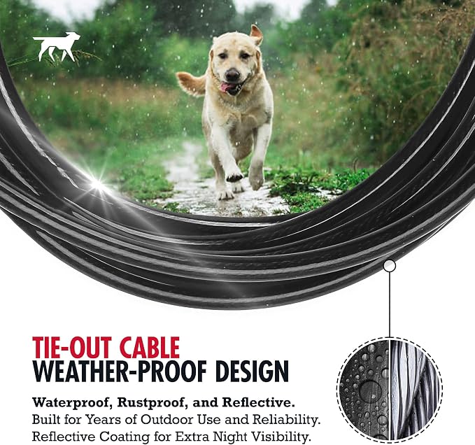 Tuff Pupper Dog Tie Out Cable, 50 ft Heavy Duty Lead for up to 250 lb Dogs | Extra-Strong Coated Steel Wire for Large Dogs; Water/Rust Resistant Yard Runner Line with 360-Degree No-Tangle Swivel Clips