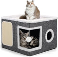 Shikha Cat House Bed for Indoor Cats with Fluffy Ball and Scratch Pad Grey | Foldable Large Cat Cave Hideaway with Cozy Condo, Hide and Seek Window, Holds Up to 30LBS, All Season Reversible Cushion