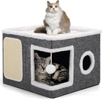 Shikha Cat House Bed for Indoor Cats with Fluffy Ball and Scratch Pad Grey | Foldable Large Cat Cave Hideaway with Cozy Condo, Hide and Seek Window, Holds Up to 30LBS, All Season Reversible Cushion