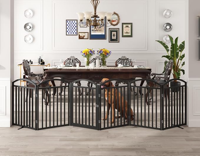 Foldable Pet Fence 120" Wide, 30" Tall,No-Assembly Dog Gate with Door,Black | 6 Panels Metal Folding Freestanding Dog Gate Walk Through,Extra Accordion Puppy Folding Playpen for Doorways, Stairs,House