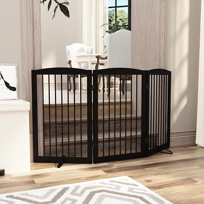 PUPETPO Freestanding Pet Gate for Dogs, Foldable Wooden Dog Gate for House Indoor, Tall Pet Fence for Stair, Doorway,Hall, Support Feet Included, 3 Panels 32",Brown