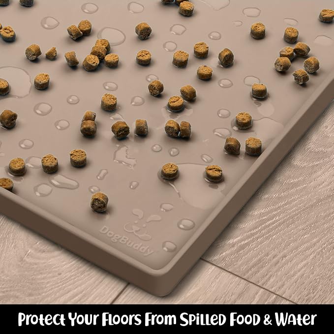 DogBuddy Dog Food Mat – Waterproof Dog Bowl Mat for Food and Water, Silicone Pet Feeding Mats for Floors, Non-Slip Placemat with High Edges for Dogs Bowls, Puppy Essentials (M: 21” x 14”, Taupe)