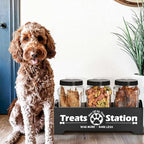 Dog Treat Container Dog Food Storage Container for Countertop, Cat Food Storage Container with 3 Plastic Dog Treat Jar, Dog Food Storage Container for Dog and Cat, Black Wooden Dog Food Container