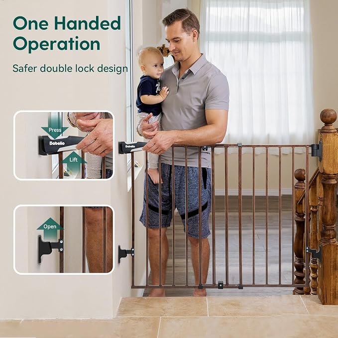 Babelio No Bottom Bar Baby Gate, 28" H x 26-43" W, Black Wood Pattern | Easy Install| One-handed Opening| Auto-close| Drill Needed Indoor Safety Dog/Pet Gate for Stairs, Hallways & Doorways