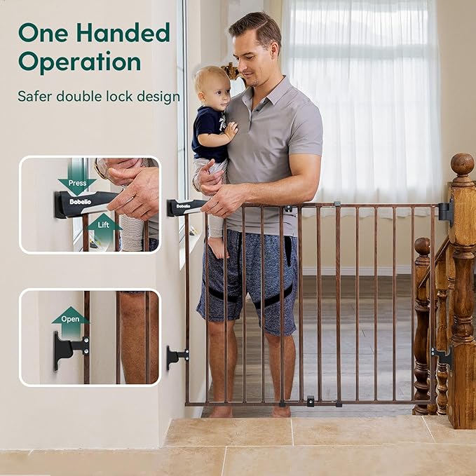 Babelio 34" Extra Tall No Bottom Bar Baby Gate, 26-43", Black Wood Pattern | Easy Install| One-handed Opening| Auto-close| Drill Needed Indoor Safety Dog/Pet Gate for Stairs, Hallways & Doorways