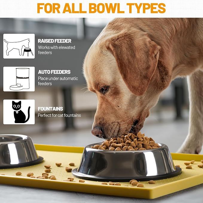 Hubulk Dog Feeding Mat,100% Waterproof Food Grade Silicone Pet Food and Water Bowl Placemat,Dishwasher, High Raised Edge to Prevent Spills,Nonslip Tray to Stop Messes on Floor（28"x18"x0.8", Yellow）
