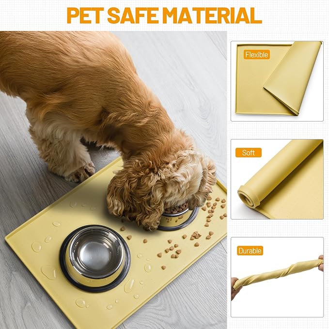 Hubulk Dog Feeding Mat,100% Waterproof Food Grade Silicone Pet Food and Water Bowl Placemat,Dishwasher, High Raised Edge to Prevent Spills,Nonslip Tray to Stop Messes on Floor (19"x12"x0.5", Yellow)