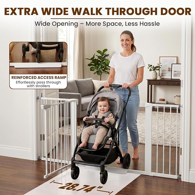 Mumeasy 36-63" Extra Wide Baby Gate for Stairs, 28.74" Walk Through Large Dog Gate for Doorways & Hallways, Auto Close Pet Gate Indoor, Pressure Mounted Child Wide Long Safety Gate for House, White
