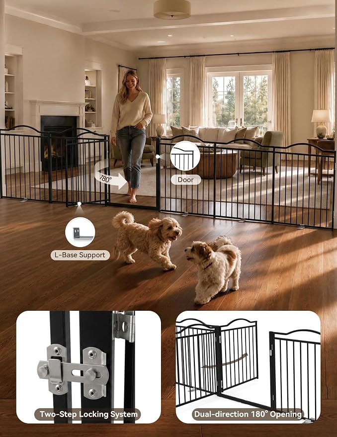 No Pawblems Full Metal Free Standing Dog Gate with Door, 30'' Tall Foldable Freestanding Pet Gate for Indoor & Outdoor, Up to 156 Inch Extra Wide Dog Fence for Doorways, Stairs, Deck, Yard - Black