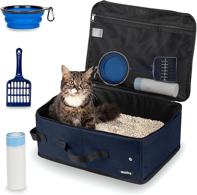 Portable Cat Travel Litter Box with Lid and 10 Pcs Disposable Liner Bags, Leak-Proof & Collapsible, Easy Clean Odor-Control Cat Travel Essentials for Car, Hotel, Airplane, Camping,Trips Navy